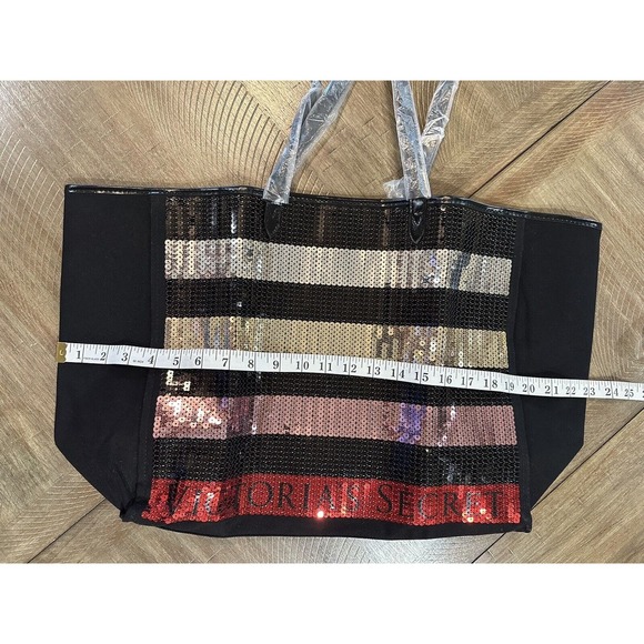 NEW Victorias Secret Large Sequin Tote Bag Black Colorful Stripe Bling Weekender - Picture 9 of 11